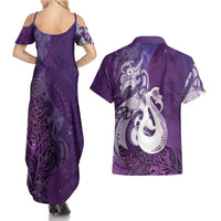 New Zealand Matariki Couples Matching Summer Maxi Dress and Hawaiian Shirt Maori Manaia Galaxy Silver Fern Purple Color