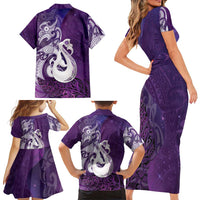 New Zealand Matariki Family Matching Short Sleeve Bodycon Dress and Hawaiian Shirt Maori Manaia Galaxy Silver Fern Purple Color