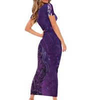New Zealand Matariki Family Matching Short Sleeve Bodycon Dress and Hawaiian Shirt Maori Manaia Galaxy Silver Fern Purple Color