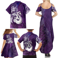 New Zealand Matariki Family Matching Summer Maxi Dress and Hawaiian Shirt Maori Manaia Galaxy Silver Fern Purple Color