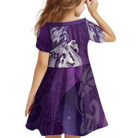 New Zealand Matariki Kid Short Sleeve Dress Maori Manaia Galaxy Silver Fern Purple Color