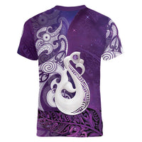 New Zealand Matariki Women V-Neck T-Shirt Maori Manaia Galaxy Silver Fern Purple Color