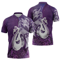New Zealand Matariki Zipper Polo Shirt Maori Manaia Galaxy Silver Fern Purple Color