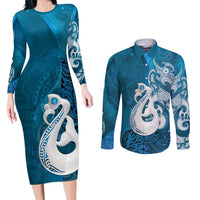 New Zealand Matariki Couples Matching Long Sleeve Bodycon Dress and Long Sleeve Button Shirt Maori Manaia Galaxy Silver Fern Blue Color