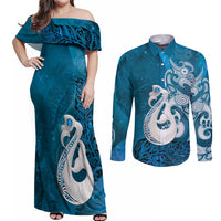 New Zealand Matariki Couples Matching Off Shoulder Maxi Dress and Long Sleeve Button Shirt Maori Manaia Galaxy Silver Fern Blue Color