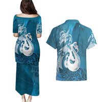 New Zealand Matariki Couples Matching Puletasi and Hawaiian Shirt Maori Manaia Galaxy Silver Fern Blue Color