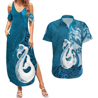 New Zealand Matariki Couples Matching Summer Maxi Dress and Hawaiian Shirt Maori Manaia Galaxy Silver Fern Blue Color
