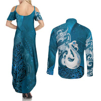 New Zealand Matariki Couples Matching Summer Maxi Dress and Long Sleeve Button Shirt Maori Manaia Galaxy Silver Fern Blue Color