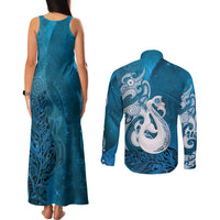 New Zealand Matariki Couples Matching Tank Maxi Dress and Long Sleeve Button Shirt Maori Manaia Galaxy Silver Fern Blue Color