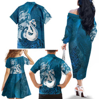New Zealand Matariki Family Matching Off The Shoulder Long Sleeve Dress and Hawaiian Shirt Maori Manaia Galaxy Silver Fern Blue Color