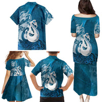 New Zealand Matariki Family Matching Puletasi and Hawaiian Shirt Maori Manaia Galaxy Silver Fern Blue Color