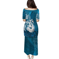 New Zealand Matariki Family Matching Puletasi and Hawaiian Shirt Maori Manaia Galaxy Silver Fern Blue Color