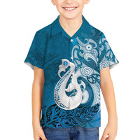 New Zealand Matariki Family Matching Puletasi and Hawaiian Shirt Maori Manaia Galaxy Silver Fern Blue Color