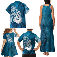 New Zealand Matariki Family Matching Tank Maxi Dress and Hawaiian Shirt Maori Manaia Galaxy Silver Fern Blue Color