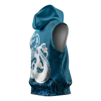 New Zealand Matariki Sleeveless Hoodie Maori Manaia Galaxy Silver Fern Blue Color