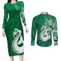 New Zealand Matariki Couples Matching Long Sleeve Bodycon Dress and Long Sleeve Button Shirt Maori Manaia Galaxy Silver Fern Green Color