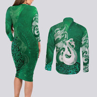 New Zealand Matariki Couples Matching Long Sleeve Bodycon Dress and Long Sleeve Button Shirt Maori Manaia Galaxy Silver Fern Green Color