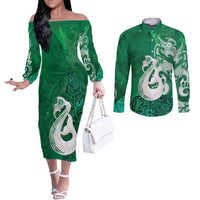 New Zealand Matariki Couples Matching Off The Shoulder Long Sleeve Dress and Long Sleeve Button Shirt Maori Manaia Galaxy Silver Fern Green Color