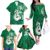 New Zealand Matariki Family Matching Off The Shoulder Long Sleeve Dress and Hawaiian Shirt Maori Manaia Galaxy Silver Fern Green Color