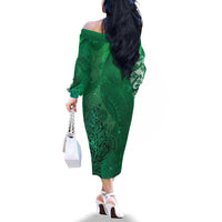 New Zealand Matariki Family Matching Off The Shoulder Long Sleeve Dress and Hawaiian Shirt Maori Manaia Galaxy Silver Fern Green Color