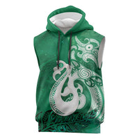 New Zealand Matariki Sleeveless Hoodie Maori Manaia Galaxy Silver Fern Green Color