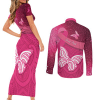 New Zealand Breast Cancer Awareness Couples Matching Short Sleeve Bodycon Dress and Long Sleeve Button Shirt Pink Ribbon Butterfly Maori Pattern