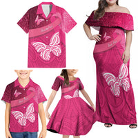 New Zealand Breast Cancer Awareness Family Matching Off Shoulder Maxi Dress and Hawaiian Shirt Pink Ribbon Butterfly Maori Pattern