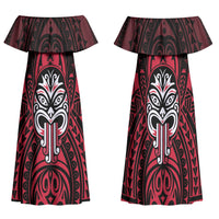 New Zealand Maori Language Week Family Matching Off Shoulder Maxi Dress and Hawaiian Shirt Te Wiki O Te Reo Maori Hei Tiki LT22 Mom's Dress Red - Polynesian Pride