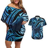 New Zealand Matariki Couples Matching Off Shoulder Short Dress and Hawaiian Shirt Maori Humpback Whale Galaxy
