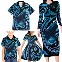 New Zealand Matariki Family Matching Long Sleeve Bodycon Dress and Hawaiian Shirt Maori Humpback Whale Galaxy