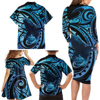 New Zealand Matariki Family Matching Long Sleeve Bodycon Dress and Hawaiian Shirt Maori Humpback Whale Galaxy