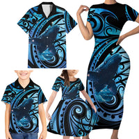 New Zealand Matariki Family Matching Short Sleeve Bodycon Dress and Hawaiian Shirt Maori Humpback Whale Galaxy