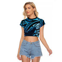New Zealand Matariki Raglan Cropped T Shirt Maori Humpback Whale Galaxy LT22 Female Blue - Polynesian Pride