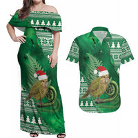 New Zealand Kakapo Christmas In July Couples Matching Off Shoulder Maxi Dress and Hawaiian Shirt Silver Fern Santa Xmas Green Color