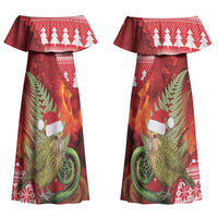 New Zealand Kakapo Christmas In July Couples Matching Off Shoulder Maxi Dress and Long Sleeve Button Shirt Silver Fern Santa Xmas Red Color LT22 - Polynesian Pride