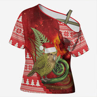 New Zealand Kakapo Christmas In July Cross Shoulder Shirt Silver Fern Santa Xmas Red Color