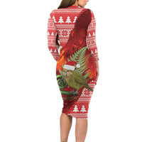 New Zealand Kakapo Christmas In July Long Sleeve Bodycon Dress Silver Fern Santa Xmas Red Color