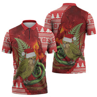 New Zealand Kakapo Christmas In July Zipper Polo Shirt Silver Fern Santa Xmas Red Color