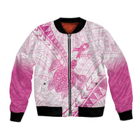 Breast Cancer Awareness Personalised Bomber Jacket Pink Ribbon Turtle Polynesian Pattern White LT22 Unisex Pink - Polynesian Pride