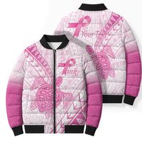 Breast Cancer Awareness Personalised Bomber Puffer Jacket Pink Ribbon Turtle Polynesian Pattern White LT22 - Polynesian Pride