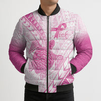 Breast Cancer Awareness Personalised Bomber Puffer Jacket Pink Ribbon Turtle Polynesian Pattern White LT22 - Polynesian Pride