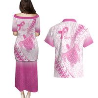 Breast Cancer Awareness Personalised Couples Matching Puletasi and Hawaiian Shirt Pink Ribbon Turtle Polynesian Pattern White LT22 - Polynesian Pride