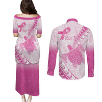 Breast Cancer Awareness Personalised Couples Matching Puletasi and Long Sleeve Button Shirt Pink Ribbon Turtle Polynesian Pattern White LT22 - Polynesian Pride