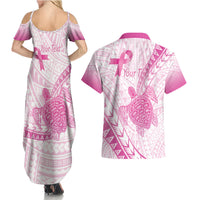 Breast Cancer Awareness Personalised Couples Matching Summer Maxi Dress and Hawaiian Shirt Pink Ribbon Turtle Polynesian Pattern White LT22 - Polynesian Pride