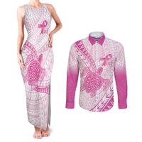 Breast Cancer Awareness Personalised Couples Matching Tank Maxi Dress and Long Sleeve Button Shirt Pink Ribbon Turtle Polynesian Pattern White LT22 Pink - Polynesian Pride
