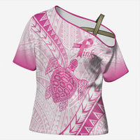 Breast Cancer Awareness Personalised Cross Shoulder Shirt Pink Ribbon Turtle Polynesian Pattern White LT22 Female Pink - Polynesian Pride