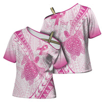 Breast Cancer Awareness Personalised Cross Shoulder Shirt Pink Ribbon Turtle Polynesian Pattern White LT22 - Polynesian Pride