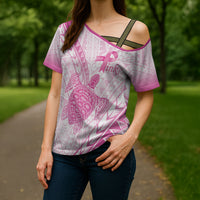 Breast Cancer Awareness Personalised Cross Shoulder Shirt Pink Ribbon Turtle Polynesian Pattern White LT22 - Polynesian Pride