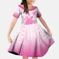 Breast Cancer Awareness Personalised Family Matching Long Sleeve Bodycon Dress and Hawaiian Shirt Pink Ribbon Turtle Polynesian Pattern White