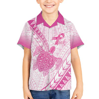 Breast Cancer Awareness Personalised Family Matching Long Sleeve Bodycon Dress and Hawaiian Shirt Pink Ribbon Turtle Polynesian Pattern White